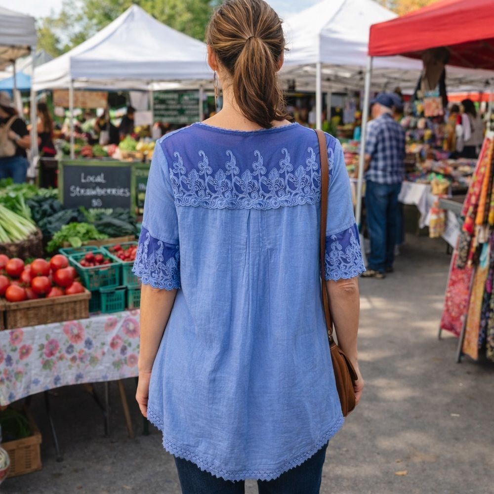 Gretty Zueger Embroidered mesh cotton elbow length sleeve Tunic Ocean Blue Med